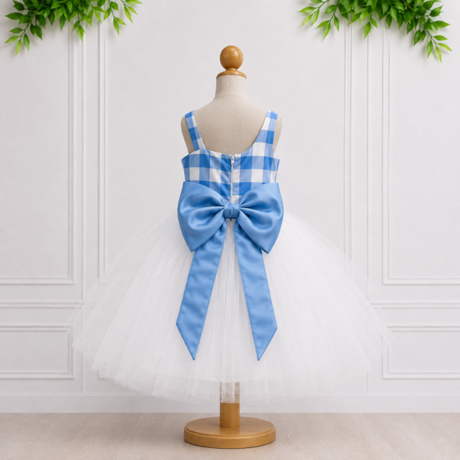 Back of flower girl dress in blue gingham with white tulle skirt and matching floral details, displayed on a mannequin for a special occasion.