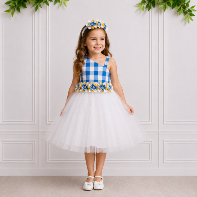 Girls flower girl dress in blue and white gingham with floral detailing, a full white tulle skirt, matching headband and white bow shoes for weddings