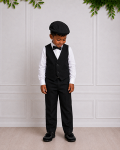 Boy wearing a black cotton sateen waistcoat, trousers, white shirt, bow tie and cap with black loafers for formal occasions in South Africa.