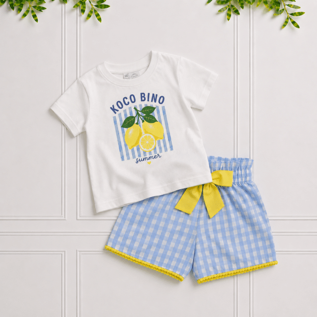 Girls' white lemon print T-shirt and blue gingham shorts with a yellow bow, styled together against a white panelled background.