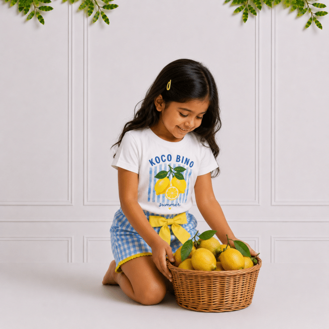 Young girl wearing a white lemon print T-shirt and blue gingham shorts with a yellow bow in a bright studio.