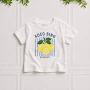 Girls' white T-shirt with lemon print, blue stripes and summer design by Koco Bino