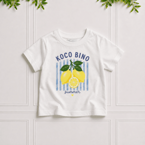 Girls' white T-shirt with lemon print, blue stripes and summer design by Koco Bino
