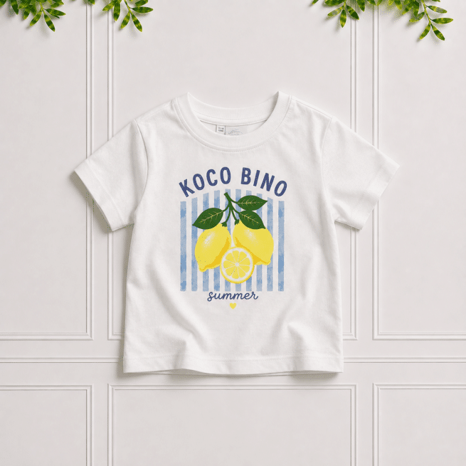 Girls' white T-shirt with lemon print, blue stripes and summer design by Koco Bino