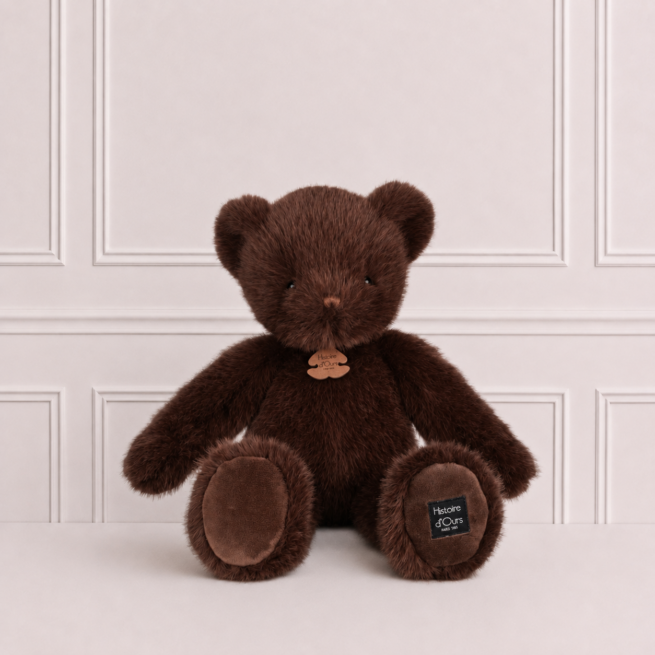 Clementine Bear Choco plush teddy bear by Histoire d'Ours in soft chocolate brown, a timeless keepsake gift for babies and young children
