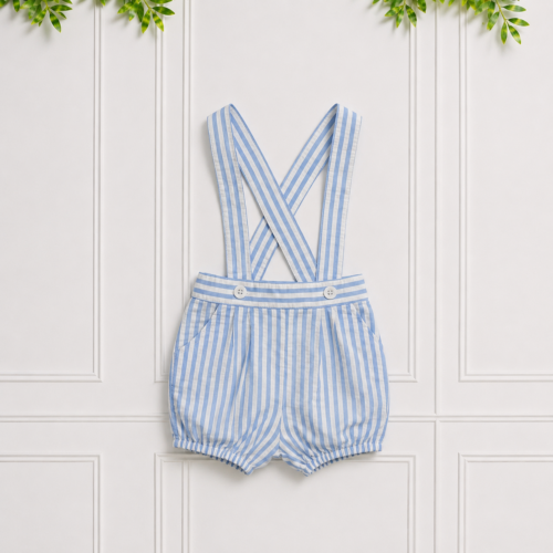 Baby boy romper in blue and white stripes with suspender straps, button waistband and elasticated bloomer-style shorts.