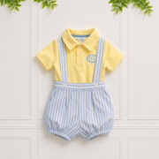Baby blue and white striped suspender bloomer romper with yellow polo top, front buttons and elasticated shorts.