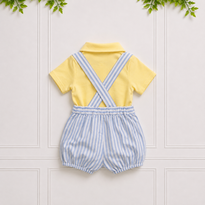 Back of a baby blue and white striped suspender bloomer romper with crossed straps, yellow polo top and elasticated shorts.
