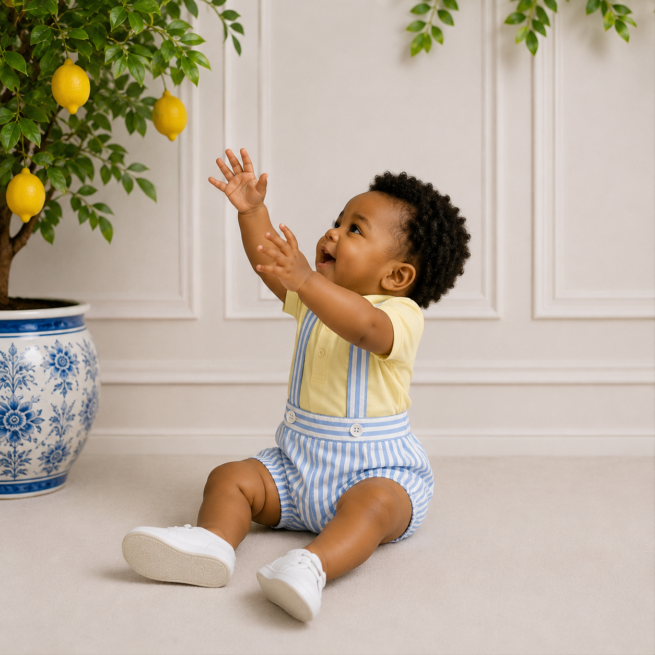 Baby boy wearing blue and white striped brace bloomers with a yellow polo, reaching for lemons beside a lemon tree.