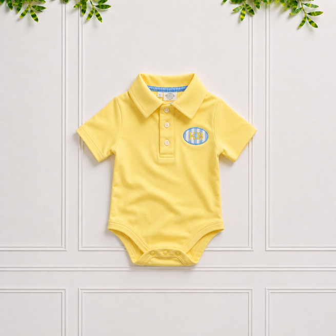 Yellow baby polo bodysuit with classic collar, short sleeves and KB embroidery, displayed against a white panelled background.