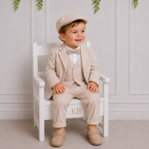 Baby boy formal wear South Africa featuring a stone three-piece suit, bow tie, cap and loafers for weddings and special occasions.