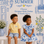 Two children in stylish summer outfits sitting on a white bench, showcasing designer kids clothes in South Africa against a blue and white café backdrop.