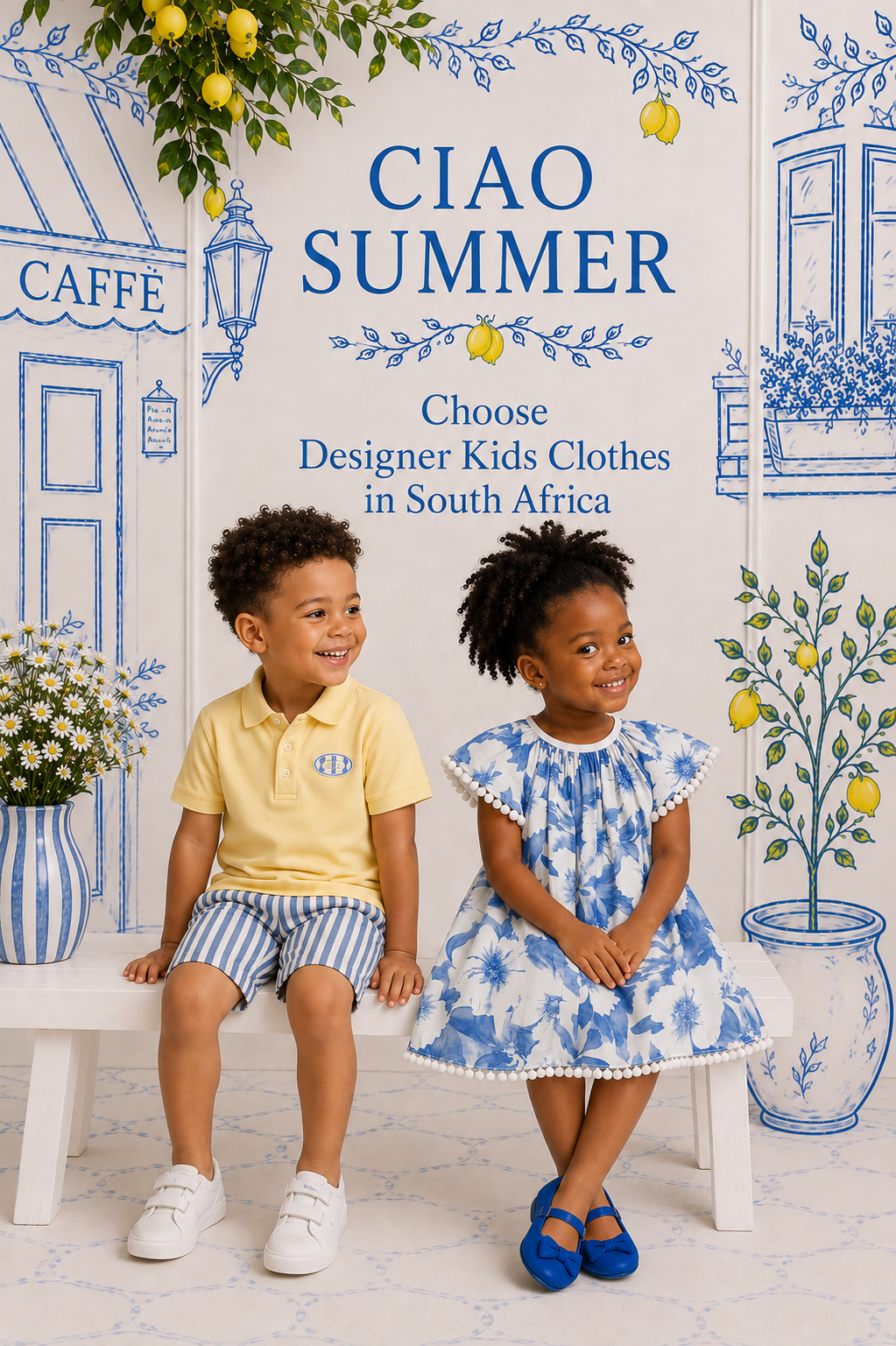 Two children in stylish summer outfits sitting on a white bench, showcasing designer kids clothes in South Africa against a blue and white café backdrop.