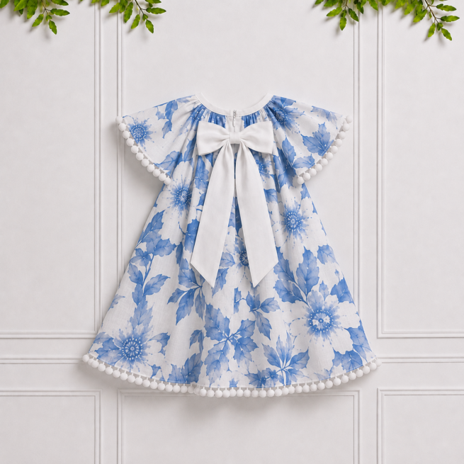 Back view of Emily girls' blue and white floral dress with white pom-pom trim, displayed against an elegant white paneled studio background.