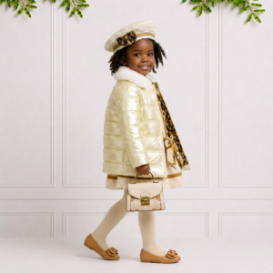 Koco Bino girls clothes featuring a girl in a gold quilted coat, dress and beret with matching handbag, creating a timeless boutique look.