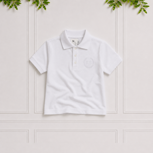 Boy's white golfer in premium Lacoste cotton with a white knitted collar, short sleeves and white monogram embroidery on a white background.