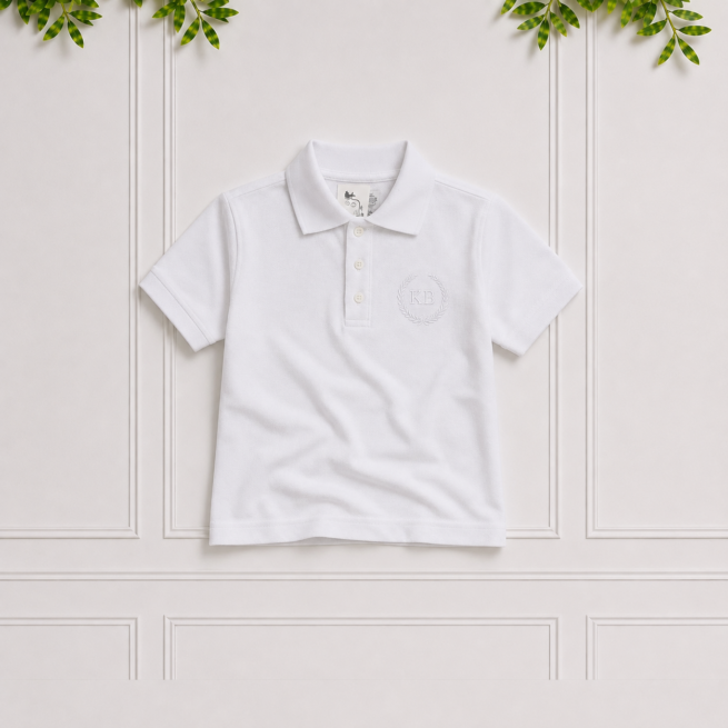 Boy's white golfer in premium Lacoste cotton with a white knitted collar, short sleeves and white monogram embroidery on a white background.