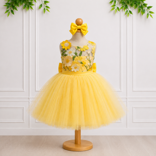 Jasmine yellow girls occasion dress with floral embroidered bodice, full tulle skirt and matching bow, perfect for special occasions.