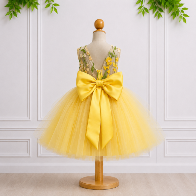 Jasmine yellow girls occasion dress shown from the back with sheer floral bodice, oversized satin bow and full layered tulle skirt.