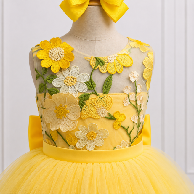Close-up of the Jasmine girls occasion dress showing detailed yellow, ivory and green floral embroidery on the sheer bodice.