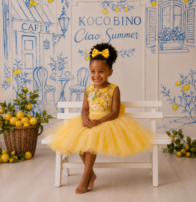 Dark-skinned girl wearing the Jasmine girls occasion dress in yellow floral tulle, seated on a white bench in a charming summer café setting.
