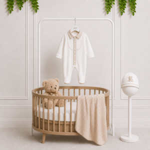 Koco Bino unisex baby clothes featuring a white babygrow with gingham trim, matching blanket and beanie in a stylish nursery display.