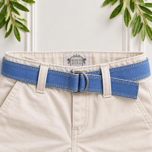 Blue boys smart belt with a classic metal D-ring buckle, perfect for completing formal, smart-casual and special occasion outfits.