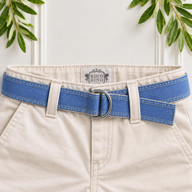 Blue boys smart belt with a classic metal D-ring buckle, perfect for completing formal, smart-casual and special occasion outfits.