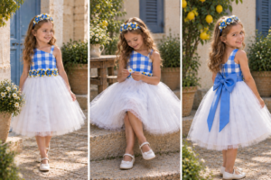 Belle blue and white gingham couture dress with floral waistband and white tulle skirt worn by a young girl in a sunlit Mediterranean courtyard.