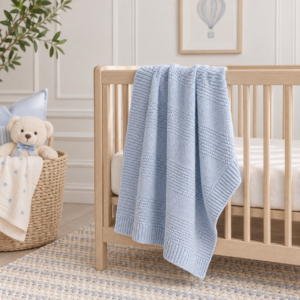 A cosy blue knitted baby blanket draped over a wooden nursery crib, with a teddy bear, woven basket and soft neutral décor in the background.