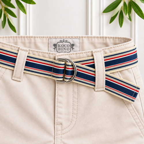 Boys belt with stone, red and navy Petersham ribbon on natural webbing, styled with cream trousers