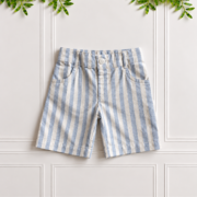 Boys' linen shorts in blue and white candy stripe cotton linen with classic chino styling and no turn-up hem