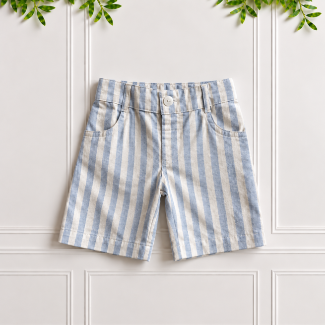 Boys' linen shorts in blue and white candy stripe cotton linen with classic chino styling and no turn-up hem