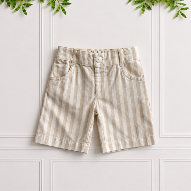 Boys stone and white striped cotton linen chino shorts with classic tailored styling.