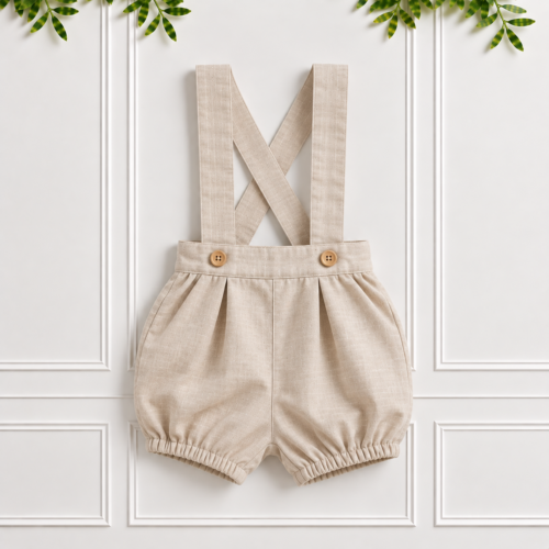 Baby boy bloomers in natural stone linen with cross-back braces and wooden buttons