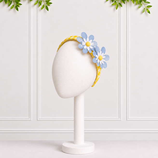 Girls' Alice Band in yellow and white gingham with blue and white laser-cut daisy embellishments