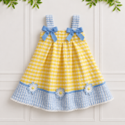 Yellow gingham girls' summer sundress with blue striped straps, bows and daisy motifs by Koco Bino.