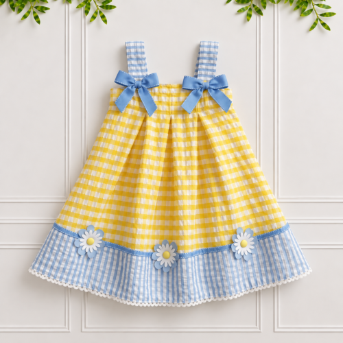 Yellow gingham girls' summer sundress with blue striped straps, bows and daisy motifs by Koco Bino.