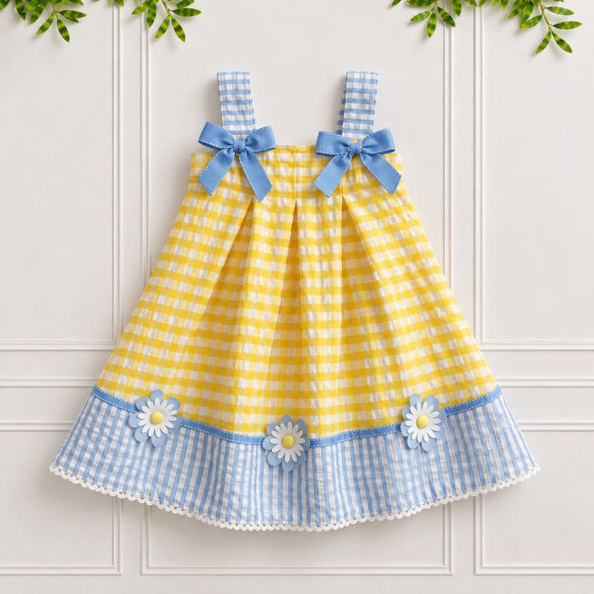 Yellow gingham girls' summer sundress with blue striped straps, bows and daisy motifs by Koco Bino.