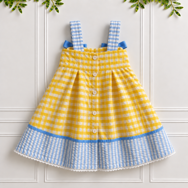 Back of a yellow gingham sundress for girls with blue bows, striped hem and daisy details on the front.