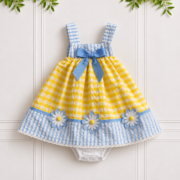 Daisy baby girl romper dress in yellow gingham with blue striped straps and daisy embellishments