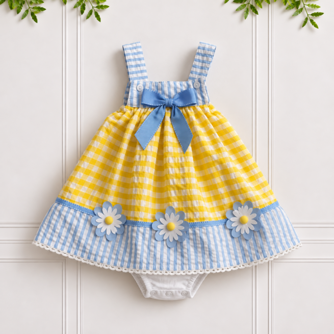 Daisy baby girl romper dress in yellow gingham with blue striped straps and daisy embellishments