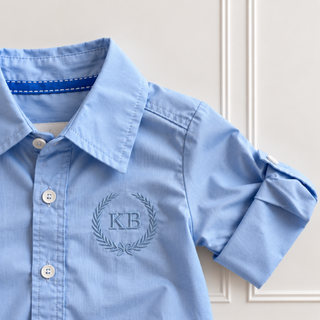 Detail of Boys' blue shirt in powder blue stretch poplin with classic collar and roll-up sleeves