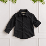 Boys’ black stretch poplin shirt with classic collar, tartan neck trim, roll-up sleeves and black embroidered KB monogram.