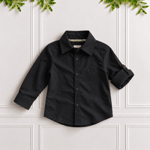 Boys’ black stretch poplin shirt with classic collar, tartan neck trim, roll-up sleeves and black embroidered KB monogram.