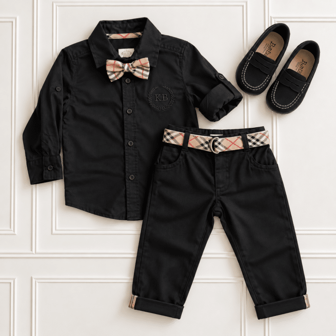 Boys’ black shirt and trousers with tartan bow tie, matching belt and black Batilas loafers styled in a smart outfit.
