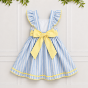 Back of Gemma blue and white striped dress with lemon yellow sash