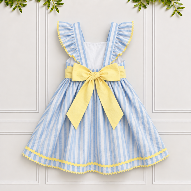 Back of Gemma blue and white striped dress with lemon yellow sash