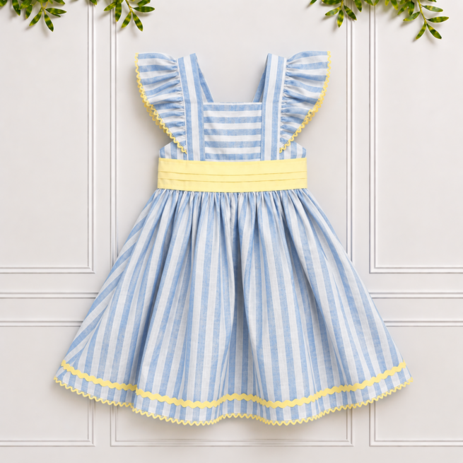 Gemma blue and white girls striped dress with lemon yellow sash and frill straps