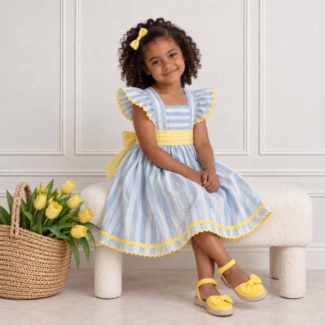 Blue and white striped girls dress with lemon yellow trim from Koco Bino